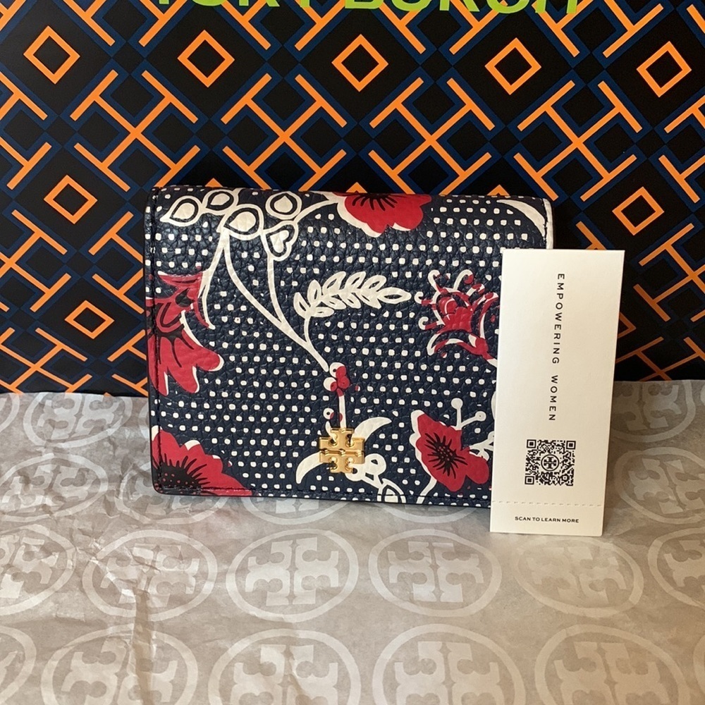 Tory Burch Blake Printed Mini Wallet Navy Red Floral Retro Batik Combo